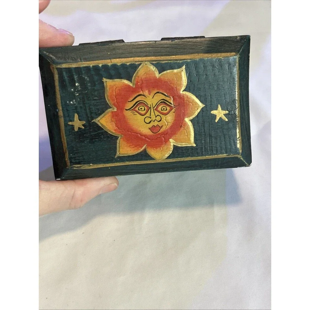 Vintage Celestial Wooden Trinket Box 4x3x3 Sun Moon Stars